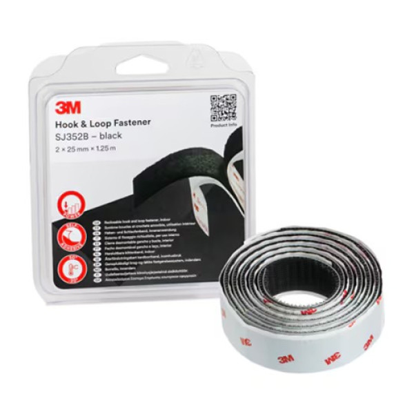 3M Hook & Loop, samolepicí suchý zip, 25 mm x 1,25 m, černá